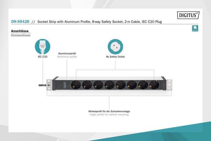 Produktbild Digitus Steckdosenleiste mit Aluminiumprofil, 8-fach Schutzkontaktsteckdose, 2 m Zuleitung, IEC C20 Stecker