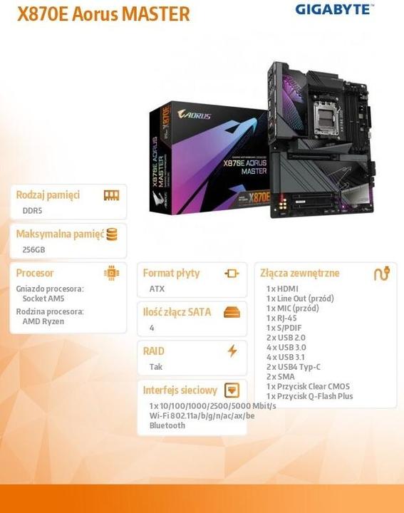 Image du produit Gigabyte X870E AORUS MASTER (AM5, AMD X870E, ATX)