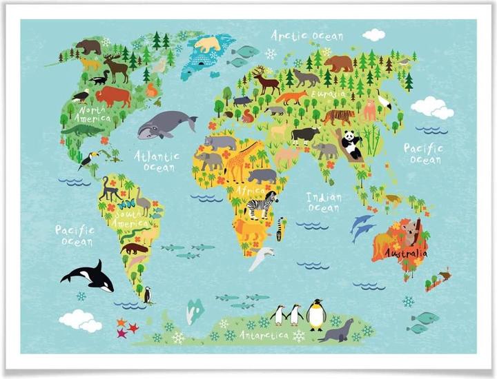 Image du produit Trenddeko Carte du monde des animaux pour enfants (120 x 100 cm)