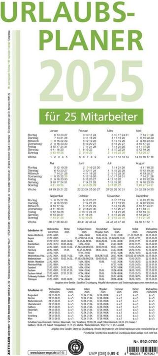 Nährwerte und Zutaten Urlaubsplaner 2025 weiss, 100x42cm, Wandplaner mit 16 Monaten auf 1 Seite, für 25 (Harter Einband, Deutsch)