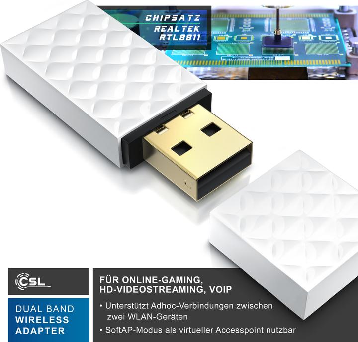 Actual product image CSL WLAN USB adapter, WIFI dual band stick dongle 433 MBit/s, 2.4 GHz / 5 GHz, 802.11ac, WPS, Windows 11 (USB 2.0)