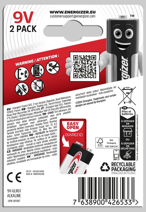 Immagine prodotto Energizer Max (2 pz., 9V Block, 625 mAh)