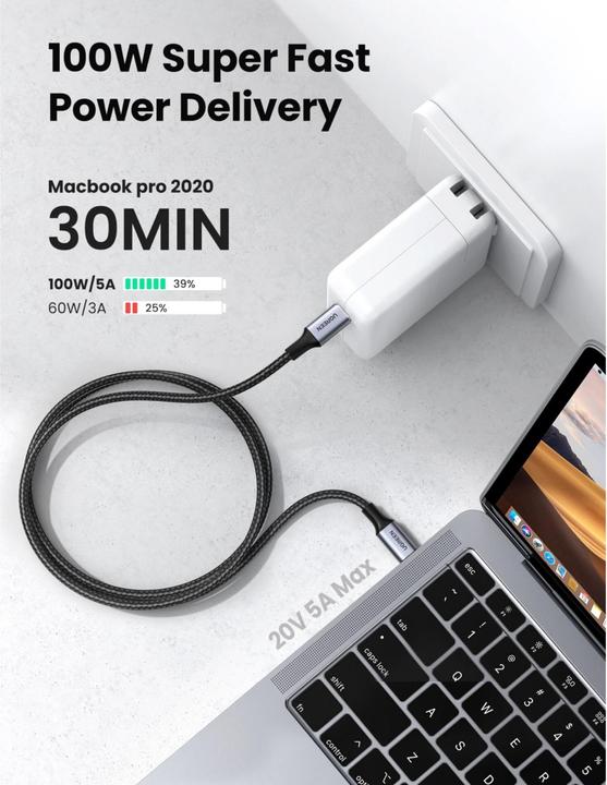 Actual product image Ugreen US316 Type C to Type C Cable, 100W, 3m (black) (3 m, USB 2.0)