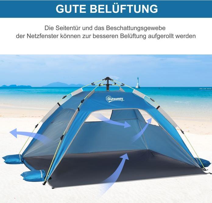 Produktbild Swisshandel24 Strandmuschel Pop Up Strandzelt für 1-2 Personen mit Sonnenschutz Himmelblau (Strandzelt + Strandmuschel, 2 Personen)