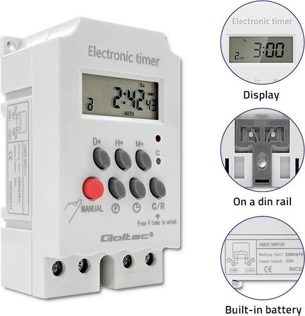 Produktbild Qoltec Elektroniczny programator czasowy PC0629 na szynę DIN | LCD