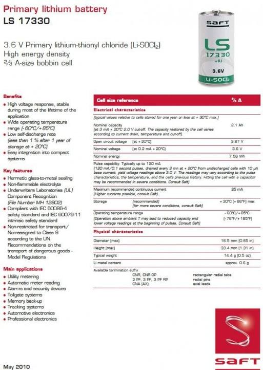 Actual product image Saft Battery LS-17330 with U solder tag (1 pcs., AA, 2100 mAh)