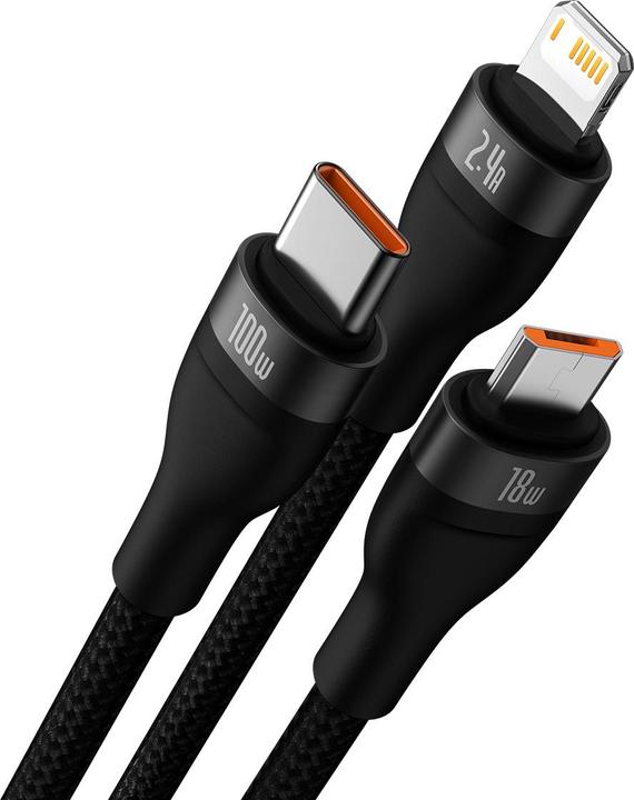 Actual product image Baseus 3in1 USB cable Flash Series, USB-C + micro USB + Lightning, 100W, 1.2m (black) (1.20 m, USB 3.2 Gen 1, 100 W)