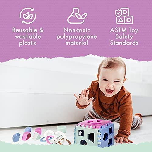 Produktbild Activity Board Formensortierer Steckwürfel | Steckbox Babyspielwürfel mit 18 Sortierblöcken und Kinderrassel