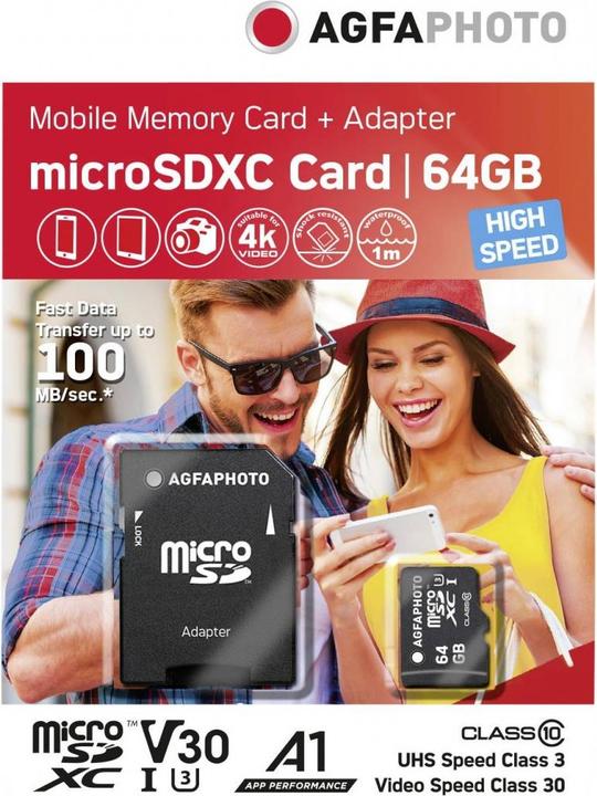 Immagine prodotto AGFAPHOTO MicroSDXC UHS-I 64 GB ad alta velocità classe 10 U1 + adattatore (64 GB, microSDXC, U1, UHS-I)