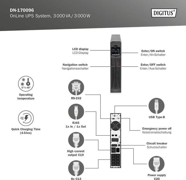 Actual product image Digitus OnLine UPS system, 3000 VA / 3000 W (3000 VA, 3000 W, Online double converter UPS)