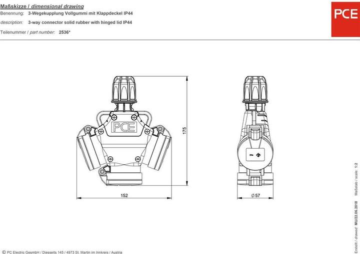 Actual product image PCE 3-way coupling with hinged cover solid rubber IP44 250V 16A 253622-s