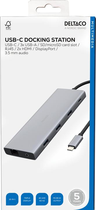 Produktbild Deltaco 12in1 USB-C Dockingstation 4K UHD/60Hz 85W silber (USB-C, 12 Ports)