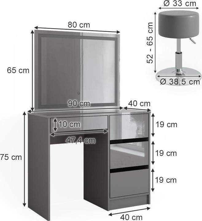 Actual product image Vicco Sherry with stool and lighting (90 x 75 x 40 cm)