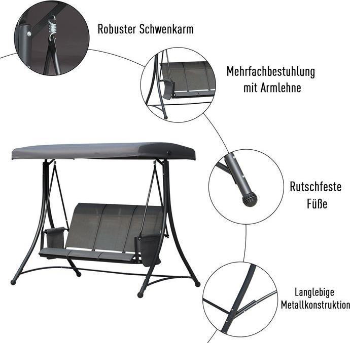 Produktbild Swisshandel24 3-Sitzer Hollywoodschaukel, Gartenschaukel mit Sonnendach, Schaukelbank mit Ablage, Aluminium, Grau