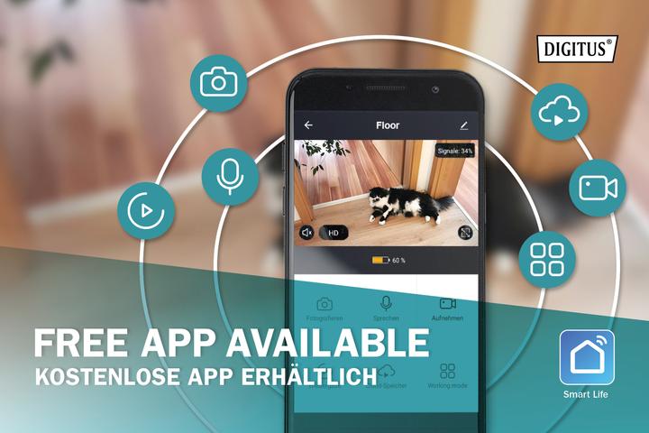 Produktbild Digitus Smarte Full HD PT-Innenkamera mit Auto-Tracking, WLAN + Sprachsteuerung (1920 x 1080 Pixels)