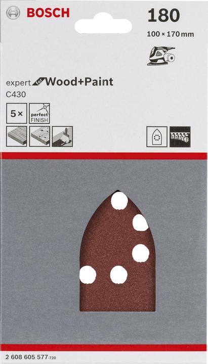 Immagine prodotto Bosch Professional Zubehör Foglio abrasivo C430, 100 x 170 mm, 180, 8 fori, Velcro, confezione da 5 (180)