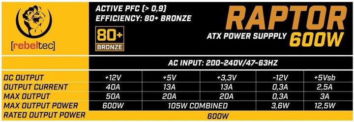 Actual product image Rebeltec ATX power supply RAPTOR 600W BRONZE 80+ Single Rail DC-DC (600 W)
