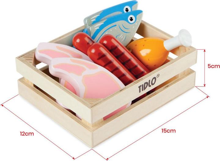 Productafbeelding Bigjigs Tidlo houten speelvoer vlees en vis in doos, 8 stuks.