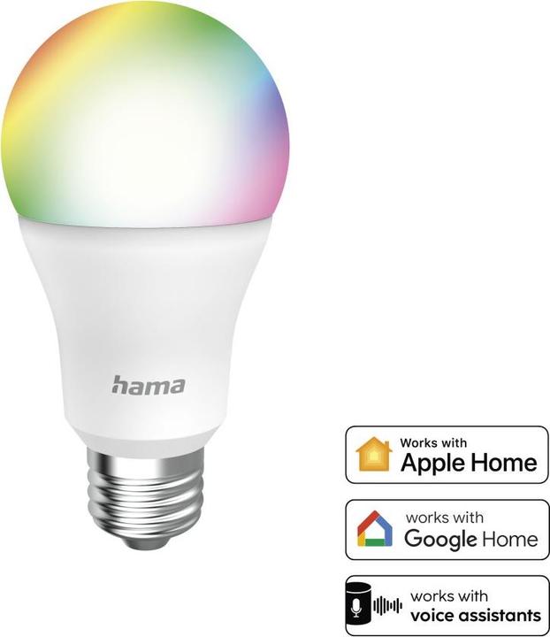 Actual product image Hama Smart WLAN LED lamp, E27, Matter, 9W, RGBW, for voice/app control (E27, 9 W, 806 lm, 1 x, F)