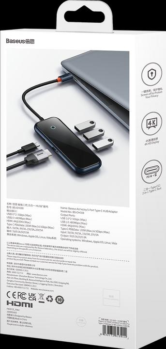 Produktbild Baseus AcmeJoy 5-Port Type-C HUB AdapterType-C to HDMI*1+USB3.0*2+USB2.0*1+Type-C PD&Data *1Dark Gray (USB-C, 5 Ports)