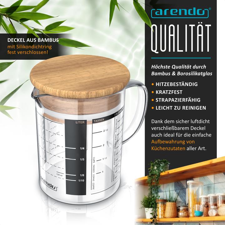 Produktbild Arendo Messbecher 350 ML aus Glas, 0,35 L, luftdicht, Bambusdeckel, Silikondichtung für Mehl, Zucker uvm. (350 ml)
