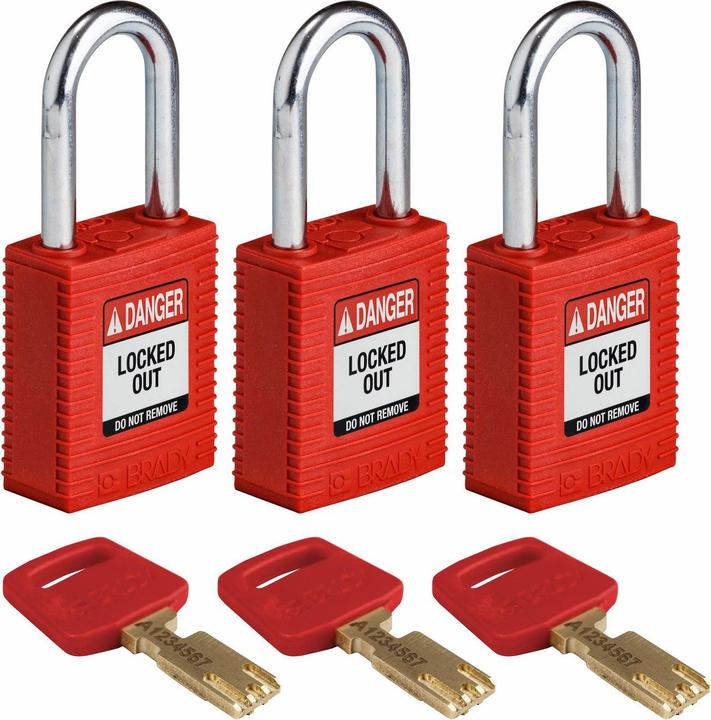 Actual product image Brady Safekey nylon safety lock with steel shackle, red, shackle height 38 mm, shackle diameter 6.4 mm