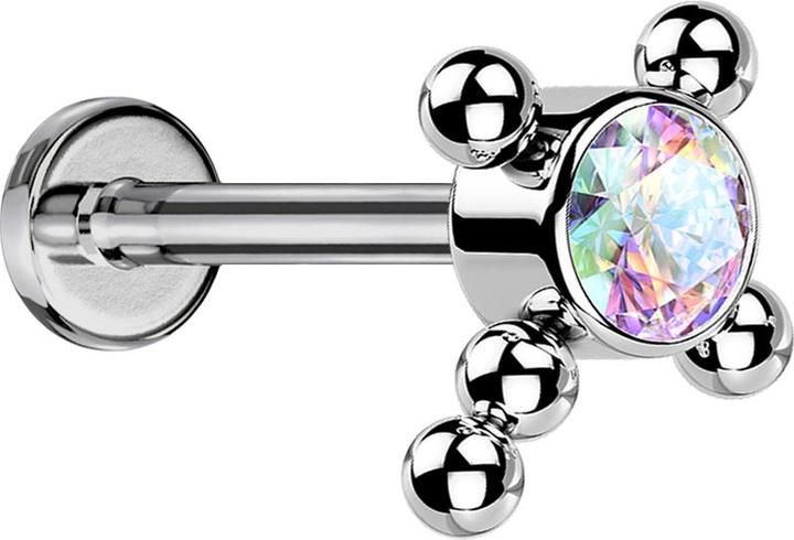 Star Piercing Micro Threadless Labret silber Kreuz Kugeln Kristall multicolor (Titan G23, ohne Messing)