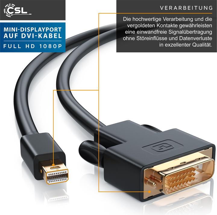 Actual product image CSL Mini DisplayPort to DVI Video Cable, miniDP Monitor Adapter Cable, for Apple, PC's & Notebooks (1 m, DisplayPort, DVI)