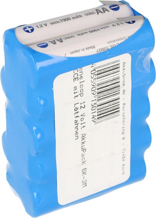 Actual product image Sanyo Eneloop 12 Volt battery BK-3MCCE with solder tags (1 pcs., 2000 mAh, Battery + charger)