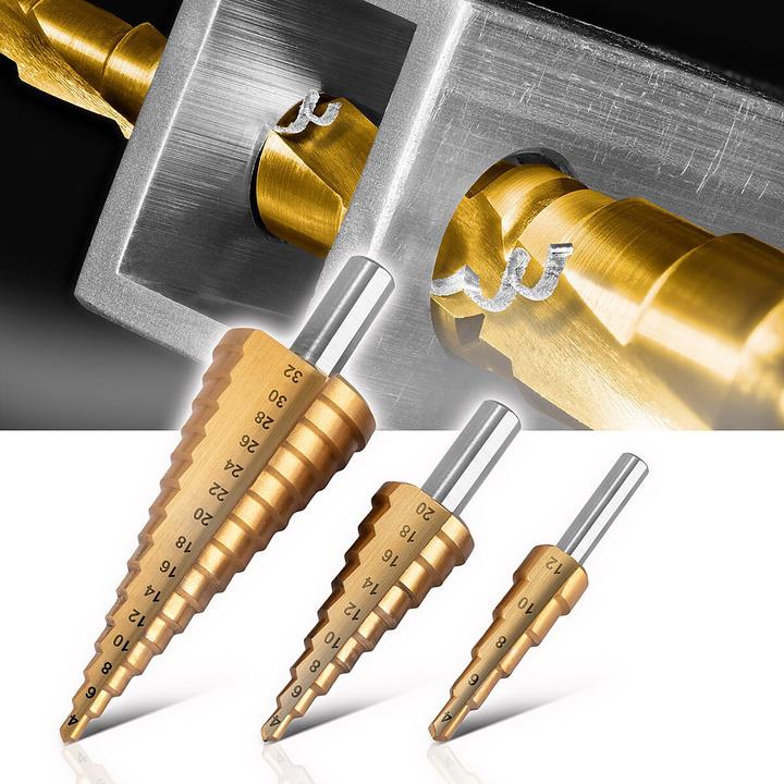 Immagine prodotto Stahlwerk Set di 3 punte per trapano a gradini in HSS con rivestimento TiN e scatola in alluminio (4-12 mm, 4-20 mm, Ø 4-32 mm)
