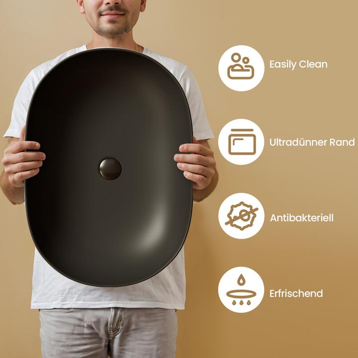 Actual product image Emke Countertop washbasin, 600 x 415 x 135 mm, ceramic, rounded rectangle, matt black (415 mm, 600 mm)