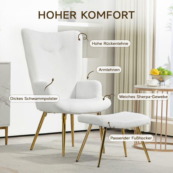 Produktbild Swisshandel24 Ohrensessel mit Hocker, Sessel mit Sherpa-Bezug, Hohe Rückenlehne, Weiss