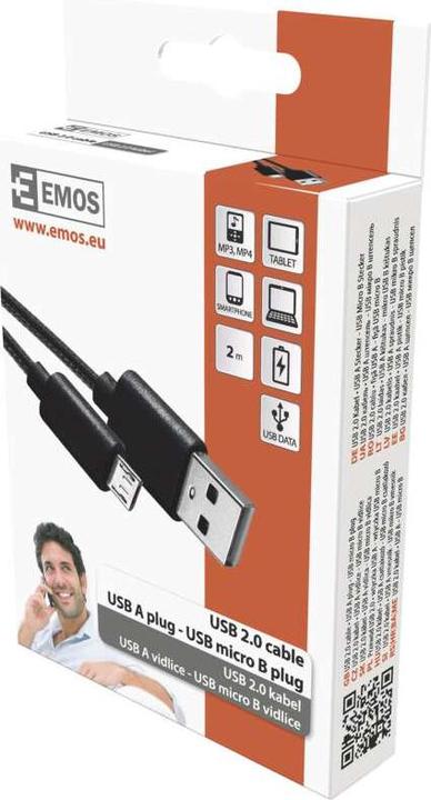 Produktbild Emos USB Kabel 2.0 A Stecker - micro B Stecker 2m, schwarz (2 m, USB 2.0)