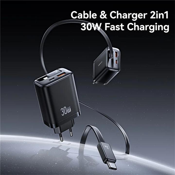 Produktbild Usams CC296 30W Fast Charger With Retractable Type-C Cable (EU) - Xiang Series White (30 W)