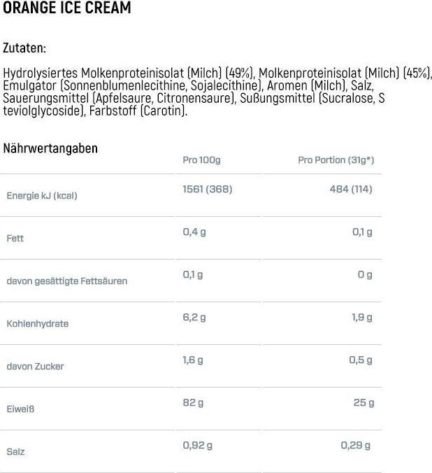 Nährwerte und Zutaten Dymatize ISO 100 (Orange, 1 Stk., 932 g)