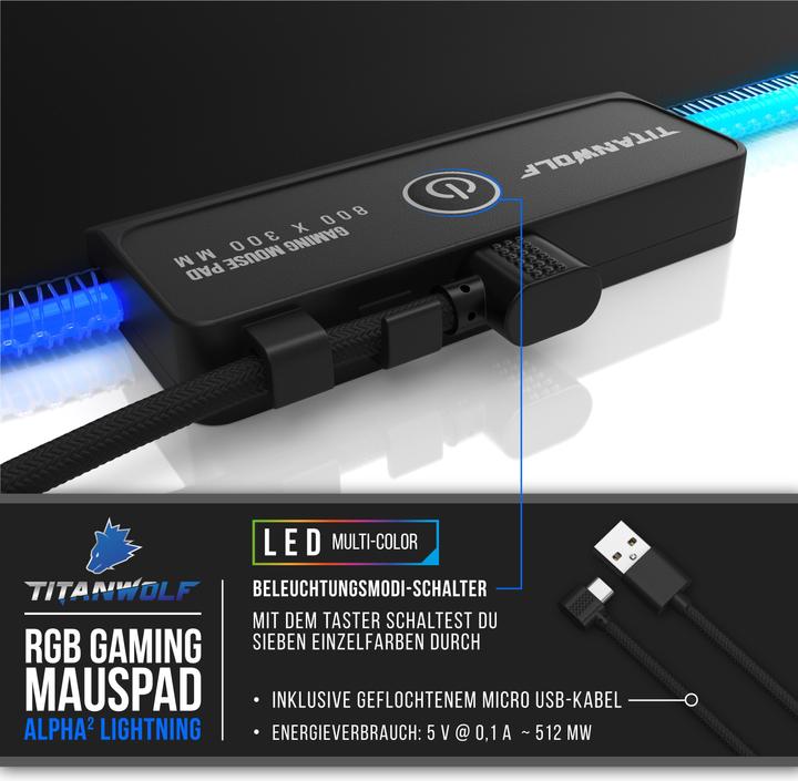 Produktbild Titanwolf RGB Gaming Mauspad, Mausmatte XL 800 x 300mm, verbessert Präzision & Geschwindigkeit, schwarz