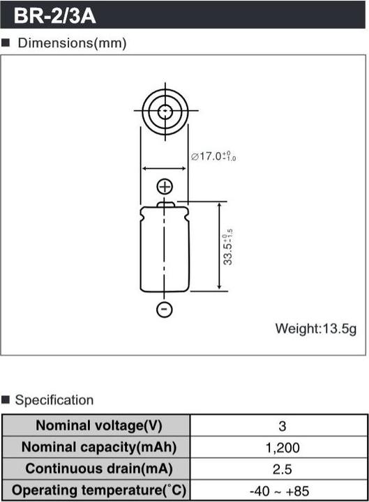 Produktbild Panasonic Batterie BR-2/3 A mit Lötfahnen in Z-Form (1 Stk., A23, 1200 mAh)