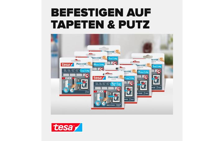 Produktbild tesa Powerstrips CLICK - Klett-Klebepads - Bilder aufhängen ohne Bohren - Small 1,8kg - 16 x 2 Stück (20 mm)