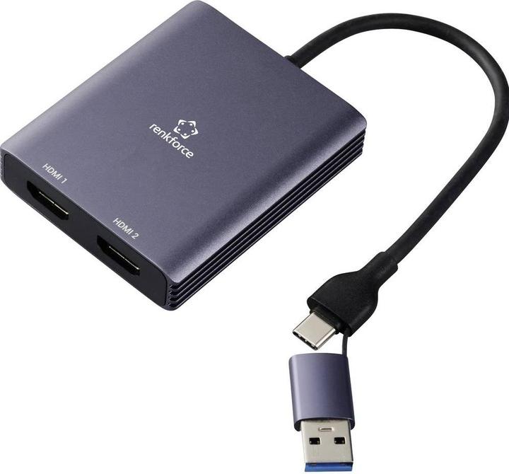 Produktbild Renkforce RF-6418198 USB-C® / HDMI Adapter (1x USB-A, USB-C® - 2x HDMI®) Grau 4K (USB Typ-C, HDMI, 15 cm)