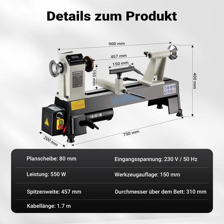 Produktbild Wiltec Drechselbank 550W Drechselmaschine Drehbank Drechsler Holz Dreheisen