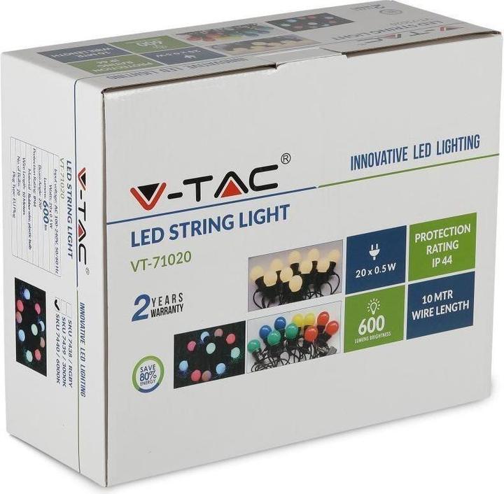 Productafbeelding V-TAC Tuinslinger (string) LED 10 meter 20 bollen 0 5W VT-71020 RGBY 600lm (600 lm, IP44)