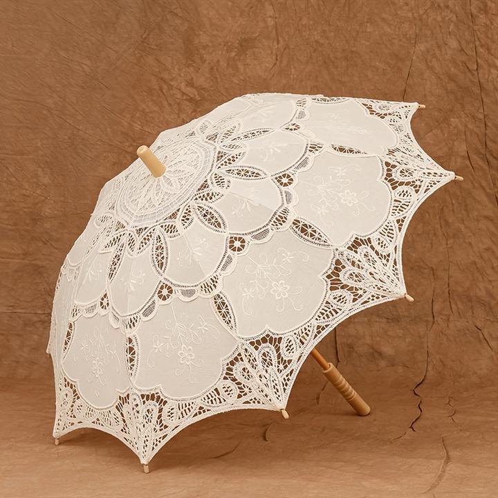 Alopini Grosser Vintage-Schirm mit Spitzenstickerei und Holzgriff - elegantes Blumenmuster, manuelles Öffnen