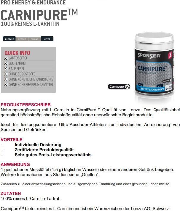 Nährwerte und Zutaten Sponser Pro Carnipure (1 Stück, Pulver, 150 g)