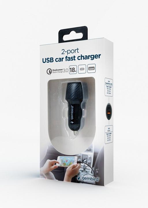 Produktbild Gembird 2-Port-USB-Auto-Schnellladegerät, Typ-C PD, 18 W, schwarz