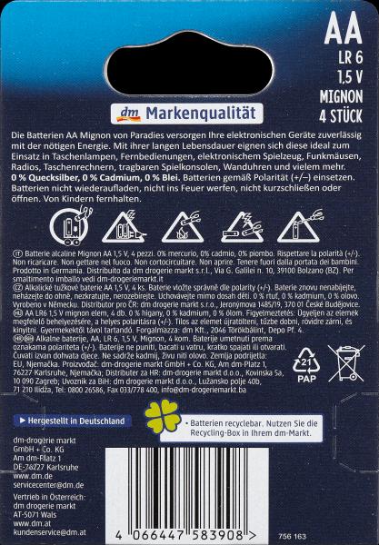 Nutritional values and ingredients Paradies Power Alkaline (4 pcs., AA)
