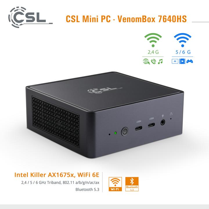 Image du produit CSL Mini-PC VenomBox 7640HS / 32Go / 500 Go M.2 SSD / Windows 11 Pro (AMD Ryzen 5 7640HS, 32.77 Go, 500 Go)
