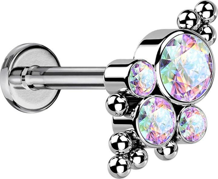 Star Piercing Micro Threadless Labret silber Kugeln vier Kristalle multicolor (ohne Messing, Titan G23)