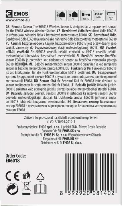Actual product image Emos Wireless sensor for weather station E6018, E6016