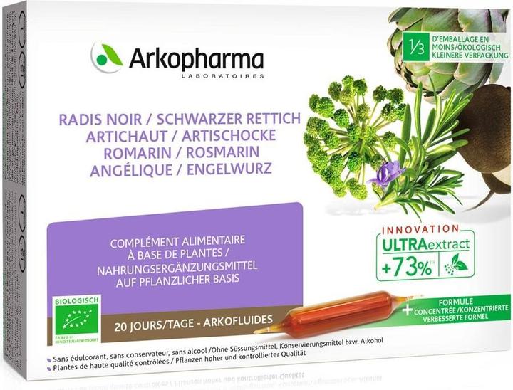 Actual product image Arkopharma Arkofluide Bio Artischocke Rosmarin Schwarzer Rettich Engelwurz (20 Piece, Ampoule, 365 g)