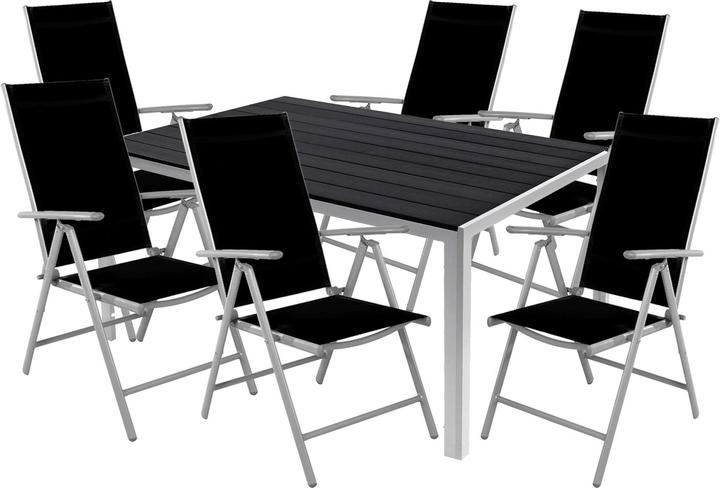 Produktbild Mojawo 7tlg Gartenmöbel Set Alu Non-Wood 180x90x74cm + 6 Klappstühle Silber/Schwarz (180 cm)